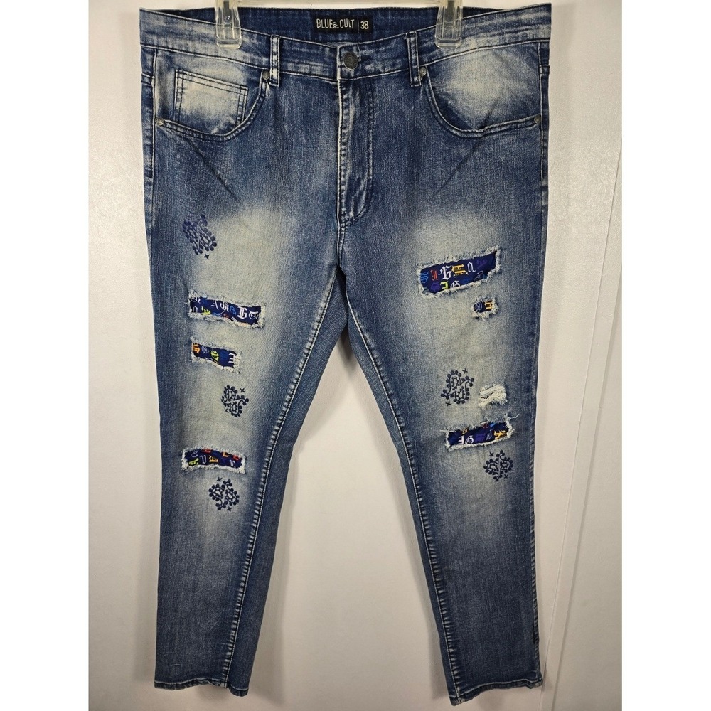 Blue Cult Jeans Size 38 Distressed‎ Patchwork Denim Slim Straight Stretch Men's